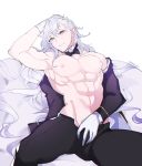  1boy abs arm_up black_pants breasts butler chest fate/grand_order fate_(series) formal hand_in_hair highres kyou_(ningiou) lavender_hair long_hair looking_at_viewer male_focus merlin_(fate) nipples off_shoulder pant_suit pants shirtless simple_background smile solo spread_legs suit toned toned_male very_long_hair white_background 