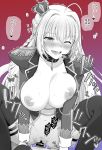  1boy 1girl ahoge bangs bar_censor blazer blush boots braid breasts censored chacharan collar collarbone crown cum cum_in_pussy ejaculation epaulettes eyebrows_visible_through_hair fate/extra fate_(series) greyscale heavy_breathing hetero highres jacket large_breasts long_hair microphone monochrome navel nero_claudius_(fate) nero_claudius_(fate)_(all) nipples one_eye_closed open_mouth orgasm penis pubic_hair pussy riding saliva sex simple_background solo_focus sound_effects speech_bubble sweat tears thigh_boots thighhighs translation_request vaginal 