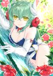  1girl bangs blue_swimsuit bow bowtie breasts cleavage closed_mouth detached_collar elbow_gloves eyebrows_visible_through_hair fate/grand_order fate_(series) flower gloves green_hair hair_between_eyes hibiscus horns kiyohime_(fate/grand_order) kiyohime_(swimsuit_lancer)_(fate) long_hair looking_at_viewer lying medium_breasts morizono_shiki on_side red_bow red_hair red_neckwear school_swimsuit shiny shiny_hair smile solo swimsuit very_long_hair white_bow white_gloves yellow_eyes 