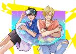  2boys adjusting_eyewear ash_lynx banana_fish belt black_hair blonde_hair blue_shirt crossed_arms feet_out_of_frame goggles hair_between_eyes hawaiian_shirt innertube looking_at_another male_focus multiple_boys okumura_eiji shirt short_sleeves shorts sitting smile torn_clothes transparent xiaochong 