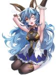  1girl animal_ears arm_up armpits black_gloves blue_hair blue_skirt boba breasts brown_legwear curly_hair elbow_gloves ferry_(granblue_fantasy) frilled_gloves frilled_skirt frills full_body gloves granblue_fantasy hair_between_eyes highres kneeling long_hair medium_breasts miniskirt one_eye_closed open_mouth sideboob simple_background skirt solo thighhighs very_long_hair white_background yellow_eyes zettai_ryouiki 