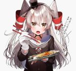  1girl :o amatsukaze_(kantai_collection) bangs black_neckwear blush brown_serafuku chopsticks commentary_request eyebrows_visible_through_hair fang fish foreshortening furrowed_eyebrows gloves hair_between_eyes hat highres holding holding_chopsticks kantai_collection long_hair long_sleeves looking_at_viewer mini_hat neckerchief pomu_(pomu_me) sailor_collar saury silver_hair simple_background sleeve_cuffs solo translation_request two_side_up white_background white_gloves white_sailor_collar yellow_eyes 
