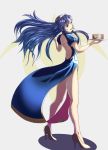  1girl :d backless_dress backless_outfit black_dress blue_dress blue_eyes blue_hair china_dress chinese_clothes dress fire_emblem fire_emblem_awakening floating_hair from_side full_body grey_background gzo1206 hairband head_tilt high_heels highres holding holding_plate legs long_hair looking_at_viewer lucina_(fire_emblem) open_mouth plate pumps shiny shiny_hair short_sleeves shoulder_blades side_slit simple_background smile solo standing very_long_hair waitress yellow_hairband 