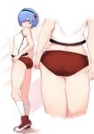  1girl absurdres adjusting_buruma adjusting_clothes alternate_costume blue_eyes blue_hair blush breasts buruma buruma_pull deru06 gym_shirt gym_uniform hair_ornament hair_over_one_eye highres looking_at_viewer re:zero_kara_hajimeru_isekai_seikatsu red_buruma rem_(re:zero) ribbon shirt short_hair solo source_request x_hair_ornament 