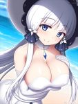  1girl arisu_kazumi azur_lane bangs beach blue_eyes blush breast_hold breasts cleavage closed_mouth collarbone commentary_request covered_nipples dress elbow_gloves eyebrows_visible_through_hair gloves hair_ribbon hand_on_own_chest hat head_tilt illustrious_(azur_lane) large_breasts leaning_forward long_hair looking_at_viewer mole mole_under_eye outdoors ribbon shiny shiny_skin smile solo standing strapless strapless_dress sun_hat tress_ribbon tri_tails twitter_username very_long_hair white_dress white_gloves white_hair white_headwear 