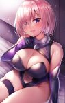  1girl beeyan blush breasts cleavage eyebrows_visible_through_hair eyes_visible_through_hair fate/grand_order fate_(series) hair_over_one_eye highres large_breasts looking_at_viewer mash_kyrielight navel open_mouth pink_hair purple_eyes short_hair sitting smile solo 