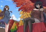  2girls absurdres alternate_costume arm_support autumn autumn_leaves azur_lane bangs bare_legs bare_shoulders black_hair black_legwear black_shirt blue_coat blue_sky bra_strap breasts brown_eyes brown_sweater building casual choker cloud coat collarbone commentary_request day eyebrows_visible_through_hair feet_out_of_frame grey_skirt hair_between_eyes hand_on_own_chest hand_up highres horn huge_filesize large_breasts long_hair long_sleeves looking_at_viewer mikasa_(azur_lane) miniskirt multiple_girls off-shoulder_sweater off_shoulder open_clothes open_coat outdoors parted_lips phano_(125042) planted_umbrella pleated_skirt red_choker red_eyes red_skirt red_umbrella ribbed_sweater shirt sidelocks sitting skirt sky standing sweater taihou_(azur_lane) thighhighs thighs tree umbrella wide_sleeves 