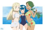  3girls :d alternate_costume artist_name bangs bikini black_swimsuit blonde_hair blue_eyes blue_hair braid crown_braid dark_skin eyebrows_visible_through_hair girl_sandwich goggles goggles_on_head green_bikini green_eyes green_hair hand_on_another&#039;s_hip hand_on_another&#039;s_shoulder lillie_(pokemon) long_hair looking_at_viewer low_twintails mao_(pokemon) multiple_girls ocean one-piece_swimsuit open_mouth pokemon pokemon_(anime) pokemon_sm_(anime) r3dfive sandwiched sarong smile strapless strapless_bikini suiren_(pokemon) swimsuit tankini trial_captain twintails v white_bikini 