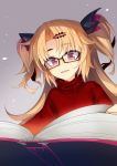  1girl akatsuki_yuni bangs black-framed_eyewear blonde_hair book commentary_request eyebrows_visible_through_hair fangs glasses grey_background hair_ornament hairclip highres long_hair looking_at_viewer ogami_kazuki open_book parted_bangs parted_lips red_eyes red_sweater solo sweater thick_eyebrows two_side_up uni_channel upper_body virtual_youtuber 