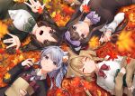  4girls :d animal_ears arashio_(azur_lane) asashio_(azur_lane) autumn autumn_leaves azur_lane bag black_cardigan blue_eyes blurry bow bowtie braid breasts brown_cardigan brown_hair brown_sweater buttons cardigan cat_ears circle_formation closed_eyes collared_shirt commentary_request depth_of_field eating food from_above hair_bow holding large_breasts leaf long_hair long_sleeves looking_at_viewer lying maple_leaf michishio_(azur_lane) mizuki_eiru_(akagi_kurage) multiple_girls off_shoulder on_back ooshio_(azur_lane) open_mouth outdoors paint paintbrush palette paper_bag purple_bow purple_eyes purple_neckwear red_eyes red_neckwear shirt silver_hair sleeping smile sweater sweater_vest sweet_potato twin_braids undershirt white_shirt yakiimo 