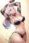  1girl armpits arms_up bangs bikini black_bikini blush bracelet breasts carmilla_(fate/grand_order) carmilla_(swimsuit_rider)_(fate) cleavage eyewear_on_head fate/grand_order fate_(series) grey_hair gun handgun jewelry l.bou large_breasts long_hair looking_at_viewer navel parted_bangs parted_lips pistol sheer_clothes solo sunglasses swimsuit thighs weapon yellow_eyes 