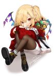  1girl :p alternate_costume ankle_boots artist_name bangs black_footwear blonde_hair boots casual commentary_request contemporary cross-laced_footwear crystal eyebrows_visible_through_hair fang flandre_scarlet gotoh510 grey_legwear hair_between_eyes highres jacket knees_up lace-up_boots long_hair long_sleeves looking_at_viewer miniskirt nail_polish no_hat no_headwear one_side_up pantyhose pencil_skirt red_eyes red_jacket red_nails shadow shoes signature simple_background sitting skirt smile socks solo tongue tongue_out touhou white_background white_skirt wings 