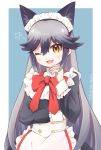  1girl ;d alternate_costume animal_ear_fluff animal_ears apron black_dress blush bow commentary_request cowboy_shot dress enmaided extra_ears eyebrows_visible_through_hair fox_ears fox_girl fukino_too grey_hair highres kemono_friends kemono_friends_3 long_hair long_sleeves maid maid_apron maid_dress maid_headdress multicolored_hair one_eye_closed open_mouth red_bow red_neckwear silver_fox_(kemono_friends) silver_hair sleeve_cuffs smile solo twitter_username white_apron yellow_eyes 