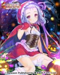  1girl arm_up black_footwear blue_hair breasts bucchake_(asami) cape cape_grab cleavage corset cosplay forest hood jack-o&#039;-lantern kneehighs koihime_musou little_red_riding_hood little_red_riding_hood_(grimm) little_red_riding_hood_(grimm)_(cosplay) mary_janes miniskirt nature outdoors pink_eyes red_cape red_hood red_skirt ribbon shoes short_hair sitting skirt small_breasts solo toutaku tree white_legwear 