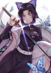  1girl absurdres backlighting bangs belt belt_buckle black_hair black_jacket blue_butterfly breasts buckle bug butterfly butterfly_hair_ornament buttons commentary cowboy_shot eyebrows_visible_through_hair glint grin gu_li hair_ornament hand_up haori highres holding holding_sword holding_weapon insect jacket japanese_clothes katana kimetsu_no_yaiba kochou_shinobu large_breasts light_particles long_sleeves looking_at_viewer parted_bangs purple_eyes purple_hair revision short_hair smile solo sword weapon 