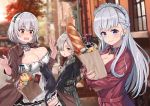  3girls alternate_costume animal autumn autumn_leaves azur_lane bag baguette belfast_(azur_lane) bird black_dress blurry bottle braid bread breasts brown_jacket building can canned_food carrot casual cat chick cleavage closed_mouth coat collar commentary_request day depth_of_field dress food frilled_dress frills grey_dress grey_hair groceries grocery_bag hair_over_one_eye halterneck hands_up headdress highres jacket jjeono large_breasts long_hair looking_at_viewer maid manjuu_(azur_lane) multiple_girls open_clothes open_jacket open_mouth outdoors parted_lips purple_eyes red_coat red_eyes sheffield_(azur_lane) shopping_bag short_hair silver_hair sirius_(azur_lane) smile thighhighs tree white_legwear wine_bottle wing_collar yellow_eyes zettai_ryouiki 