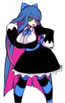  1girl :o absurdres adjusting_hair bangs black_dress blue_bow blue_hair blue_nails blue_neckwear blunt_bangs blush bow breasts collared_shirt dress fingernails frilled_shirt frills green_eyes hair_bow hair_ornament hand_on_hip hand_up highres huge_breasts juugoya_(zyugoya) long_hair long_sleeves looking_at_viewer multicolored_hair nail_polish open_mouth panty_&amp;_stocking_with_garterbelt pink_hair shirt simple_background stocking_(psg) striped striped_legwear thighhighs two-tone_hair very_long_hair white_background white_shirt 