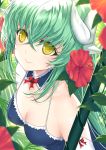  1girl bangs blue_swimsuit blurry_foreground bow bowtie breasts cleavage closed_mouth collarbone detached_collar eyebrows_visible_through_hair fate/grand_order fate_(series) flower green_hair hair_between_eyes hibiscus horns kiyohime_(fate/grand_order) kiyohime_(swimsuit_lancer)_(fate) long_hair medium_breasts morizono_shiki red_bow red_hair red_neckwear school_swimsuit shiny shiny_hair sideboob smile solo swimsuit upper_body very_long_hair yellow_eyes 