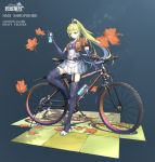  1girl absurdres alternate_costume autumn_leaves azur_lane bangs belt bicycle blue_footwear blue_gloves blue_legwear blunt_bangs boots bottle cropped_jacket elbow_gloves english_text eyebrows_visible_through_hair falling_leaves full_body garter_straps gloves green_hair ground_vehicle highres holding holding_bottle leaf leaning_back long_hair long_ponytail looking_at_viewer mjm9959 pleated_skirt ponytail shropshire_(azur_lane) sidelocks skirt solo standing thigh_boots thighhighs tile_floor tiles very_long_hair yellow_eyes 