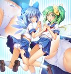  2girls :d :o alternate_costume ass bangs bare_legs blue_background blue_bow blue_eyes blue_hair blue_sailor_collar blue_skirt blush bow bow_panties brown_footwear chima_q cirno commentary_request contemporary daiyousei eyebrows_visible_through_hair fairy_wings from_behind green_eyes green_hair hair_between_eyes hair_bow hands_up highres holding_hands ice ice_wings loafers looking_at_another looking_at_viewer midriff miniskirt multiple_girls multiple_views neckerchief open_mouth panties pantyshot pleated_skirt red_neckwear sailor_collar school_uniform serafuku shirt shoe_soles shoes short_hair short_sleeves side_ponytail skirt smile socks striped striped_background thighs touhou underwear vertical-striped_background vertical_stripes white_legwear white_panties white_shirt wings yellow_bow 