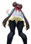  1girl absurdres ass back_bow black_legwear blue_sleeves bow breasts brown_hair clenched_hands double_bun from_behind from_below hair_tie hands_up highres kneepits long_hair medium_breasts mei_(pokemon) pantyhose pink_bow pink_headwear pokemon pokemon_(game) pokemon_bw2 raglan_sleeves shirt short_shorts shorts simple_background solo tied_hair turiganesou800 twintails upshorts very_long_hair visor_cap watch white_background white_shirt wristwatch yellow_shorts 