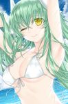  1girl ;) armpits arms_up blue_sky breasts cleavage cloud collarbone day fate/grand_order fate_(series) floating_hair front-tie_bikini front-tie_top green_hair horns kiyohime_(fate/grand_order) kiyohime_(swimsuit_lancer)_(fate) long_hair looking_at_viewer medium_breasts morizono_shiki ocean one_eye_closed outdoors ribbon sideboob sky smile solo underboob upper_body very_long_hair white_bikini_top white_ribbon yellow_eyes 