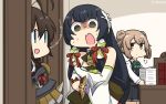  3girls =3 ahoge axe black_hair black_serafuku blue_eyes braid broken_door brown_hair caster check_commentary commentary_request dated desk double_bun dress empty_eyes fate/grand_order fate/stay_night fate_(series) green_dress grey_eyes hair_bun hair_flaps hair_over_shoulder hair_ribbon hair_tubes hakama hamu_koutarou here&#039;s_johnny! highres indoors japanese_clothes kantai_collection light_brown_hair long_hair looking_at_another looking_away michishio_(kantai_collection) mizuho_(kantai_collection) multiple_girls obi office open_mouth panicking parody pinafore_dress remodel_(kantai_collection) ribbon rulebreaker sakata_kintoki_(fate/grand_order) sash scared school_uniform screaming serafuku shaded_face shigure_(kantai_collection) short_twintails sidelocks sigh signature single_braid solid_oval_eyes the_shining translated twintails very_long_hair yellow_eyes 