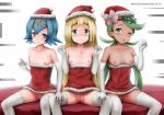  3girls bare_shoulders blonde_hair blue_eyes blue_hair breasts censored closed_mouth commentary dated elbow_gloves ginhaha gloves green_eyes green_hair hat lillie_(pokemon) long_hair looking_at_viewer mao_(pokemon) merry_christmas mosaic_censoring multiple_girls nipples one_eye_closed open_mouth pokemon pokemon_(game) pokemon_sm pussy revision santa_costume santa_hat short_hair sitting small_breasts suiren_(pokemon) take_your_pick tears thighhighs trial_captain twintails wavy_mouth white_gloves white_legwear 