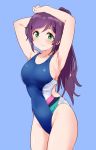  1girl alternate_hairstyle armpits arms_up blue_background blue_swimsuit breasts collarbone competition_swimsuit cowboy_shot green_eyes kurokawa_makoto large_breasts long_hair love_live! love_live!_school_idol_project one-piece_swimsuit ponytail purple_hair simple_background solo standing swimsuit toujou_nozomi 