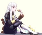  1girl bangs black_jacket black_legwear black_skirt boots eyebrows_visible_through_hair fire_emblem fire_emblem:_three_houses food gzo1206 holding holding_food jacket long_hair long_sleeves looking_at_viewer lysithea_von_ordelia military military_jacket military_uniform miniskirt open_mouth pantyhose red_eyes silver_hair simple_background skirt solo straight_hair stuffed_animal stuffed_toy teddy_bear uniform very_long_hair white_background white_footwear 