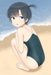  1girl :o ass back bangs barefoot beach black_hair black_swimsuit blue_eyes blush breasts competition_school_swimsuit eyebrows_visible_through_hair feet from_side full_body hair_tie hand_up highres knees_up leaning_forward legs_together looking_at_viewer looking_back looking_to_the_side nyarukac one-piece_swimsuit one_side_up open_mouth original outdoors school_swimsuit shadow short_hair sideboob small_breasts solo squatting surprised swimsuit water 