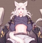  1boy 1girl animal_ears aymeric bangs belt black_legwear desk elezen elf estinien fang final_fantasy final_fantasy_xiv fingerless_gloves genderswap genderswap_(mtf) gloves highres legwear_under_shorts lifted_by_self long_hair looking_at_viewer lying midriff miqo&#039;te navel on_back open_mouth pannakotta pantyhose paper pointy_ears pov quill shirt_lift shorts solo_focus tail white_hair 