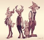  2019 absurd_res anthro antlers barefoot beastars black_nose bottomwear bovid canid canine canis caprine cervid cheek_tuft clothed clothing face_tuft fully_clothed group haru_(beastars) hi_res horn imalou lagomorph legosi_(beastars) leporid louis_(beastars) mammal pants pina_(beastars) rabbit sheep shirt simple_background tan_background topwear tuft wolf 