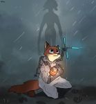  akella anthro barefoot canid canine clothed clothing death_stranding dipstick_ears disney fox fully_clothed fur grey_body grey_fur group hi_res holding_object kneeling lagomorph leporid light lighting mammal multicolored_ears nick_wilde orange_body orange_fur outside rabbit raining red_fox silhouette zootopia 