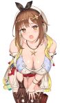  1girl atelier_(series) atelier_ryza bent_over blush breasts brown_eyes brown_gloves brown_hair brown_legwear cleavage downblouse gloves hair_ornament hairclip hands_on_own_thighs hanging_breasts hat highres jewelry large_breasts looking_at_viewer necklace open_mouth red_shorts reisalin_stout short_hair short_shorts shorts simple_background single_glove solo sssemiii star star_necklace thighhighs thighs white_background white_headwear white_legwear 