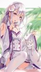  1girl absurdres bare_shoulders blush braid breasts cat cleavage commentary_request detached_sleeves dress elf emilia_(re:zero) eyebrows_visible_through_hair flower hair_flower hair_ornament hair_ribbon highres kxc7357 long_hair looking_at_viewer medium_breasts pointy_ears purple_eyes re:zero_kara_hajimeru_isekai_seikatsu ribbon silver_hair smile solo thighhighs white_legwear 