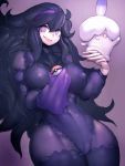 1girl @_@ black_hair breasts cameltoe covered_nipples fumio_(rsqkr) gen_5_pokemon hairband hex_maniac_(pokemon) highres holding holding_poke_ball large_breasts litwick long_hair looking_at_viewer poke_ball poke_ball_(generic) pokemon pokemon_(creature) pokemon_(game) pokemon_xy purple_background purple_eyes purple_legwear smile thighhighs very_long_hair 