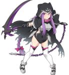  1girl black_cloak black_legwear bow braid chain cloak covered_navel fate/grand_order fate_(series) full_body hair_bow holding holding_scythe holding_weapon hood hood_up long_braid looking_at_viewer medusa_(lancer)_(fate) pink_bow pink_collar purple_hair rider scythe shiseki_hirame simple_background single_braid solo thighhighs torn_clothes weapon white_background white_legwear 