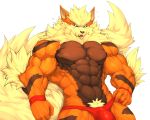  abs absurd_res anthro anthrofied arcanine arm_tuft big_muscles black_body black_fur blue_eyes blush bodily_fluids broad_shoulders bulge canid canine captainjohkid clothing elbow_tufts fangs fluffy fluffy_tail fur hi_res male mammal mostly_nude muscular muscular_male neck_tuft nintendo open_mouth orange_body orange_fur pok&eacute;mon pok&eacute;mon_(species) pubes simple_background sweat thong tuft underwear vein video_games white_background wristband yellow_body yellow_fur 