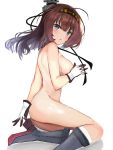  1girl ahoge akizuki_(kantai_collection) blue_eyes blush boots breasts brown_hair eriyama_e gloves grey_footwear hachimaki hairband headband highres kantai_collection knee_boots kneehighs long_hair looking_at_viewer medium_breasts nude open_mouth ponytail rudder_footwear solo white_legwear 