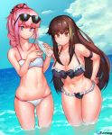  2girls absurdres arm_strap ass_visible_through_thighs bangs bikini black_bikini blue_sky blush bottle breasts brown_eyes brown_hair cleavage cloud eonsang eyebrows_visible_through_hair eyewear_on_head flat_chest girls_frontline green_hair hair_ornament hands_on_hips highres huge_filesize looking_at_viewer m4a1_(girls_frontline) multiple_girls navel ocean pink_hair ponytail purple_eyes sky smile st_ar-15_(girls_frontline) sunglasses swimsuit wading white_bikini 