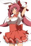  1girl animal_ears arms_up bare_shoulders bow breasts bunny_ears cleavage closed_mouth commentary cowboy_shot di_gi_charat dice_hair_ornament hair_ornament hatakenaka_(kamagabuchi) highres large_breasts long_hair looking_at_viewer pink_hair puffy_short_sleeves puffy_sleeves red_bow red_eyes short_sleeves simple_background solo twintails usada_hikaru very_long_hair white_background 