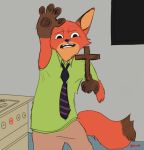  akella anthro bottomwear brown_body brown_fur canid canine clothed clothing dipstick_ears dipstick_tail disney fox fully_clothed fur holding_object inside looking_at_viewer mammal meme multicolored_ears multicolored_tail necktie nick_wilde orange_body orange_fur pants pawpads reaction_image red_fox shirt solo teeth topwear zootopia 