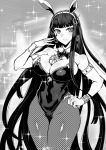  1girl absurdres animal_ears bangs bare_shoulders blunt_bangs blush bow bowtie breasts bunny_ears bunnysuit cleavage cleopatra_(fate/grand_order) covered_navel detached_collar earrings fate/grand_order fate_(series) fishnet_pantyhose fishnets gggg greyscale hairband hand_on_hip highres jewelry long_hair looking_at_viewer monochrome necklace pantyhose ring smile solo very_long_hair 