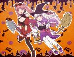 2girls axe bow breasts broom broom_riding candy cleavage dress earrings fang fire_emblem fire_emblem:_three_houses food gloves hair_bow halloween_basket halloween_costume hat highres hilda_valentine_goneril holding holding_axe hotatechoco_(hotariin) jewelry long_hair long_sleeves lysithea_von_ordelia multiple_girls open_mouth pink_eyes pink_hair red_gloves ring short_sleeves twintails white_hair white_legwear witch_hat 