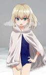  1girl absurdres bangs blonde_hair blue_eyes blue_swimsuit blush breath cape commentary cowboy_shot eyebrows_visible_through_hair fang frown fur-trimmed_cape fur_trim girls_und_panzer grey_background hand_on_hip highres katyusha kosuda looking_at_viewer old_school_swimsuit one-piece_swimsuit open_mouth school_swimsuit short_hair solo standing swimsuit v-shaped_eyebrows white_cape 