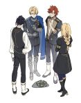  1girl 3boys armored_boots black_footwear black_hair black_pants blonde_hair blue_cape blue_eyes blue_legwear boots cape closed_mouth dimitri_alexandre_blaiddyd epaulettes felix_hugo_fraldarius fire_emblem fire_emblem:_three_houses fourquarter_415 from_behind garreg_mach_monastery_uniform grey_footwear high_heel_boots high_heels ingrid_brandl_galatea knee_boots long_hair long_sleeves metal_boots multiple_boys one_eye_closed pants red_hair short_hair short_sleeves simple_background sylvain_jose_gautier uniform white_background white_footwear 