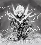  1boy absurdres armor artist_name battle cat chasing commentary dirtykittyart dust_cloud english_commentary greyscale highres kudou_kishi lightning male_focus mask monochrome one-punch_man riding shiny solo speed_lines tricycle 
