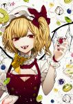  1girl :d absurdres bangs blonde_hair blueberry bow bowtie breasts cleavage collar commentary crystal daimaou_ruaeru dress eyebrows_visible_through_hair fangs flandre_scarlet food frilled_collar frills fruit grapes hand_up hat hat_bow highres ice ice_cube kiwi_slice leaf looking_at_viewer mob_cap nail_polish one_side_up open_mouth puffy_short_sleeves puffy_sleeves red_bow red_dress red_eyes red_nails shirt short_hair short_sleeves smile solo touhou upper_body white_background white_headwear white_shirt wings wrist_cuffs yellow_bow yellow_neckwear 