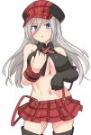  1girl :o alisa_ilinichina_amiella bare_shoulders black_gloves black_headwear blush boots breasts cleavage commentary_request cowboy_shot gloves god_eater grey_hair hair_between_eyes large_breasts looking_at_viewer miniskirt navel no_legwear purple_eyes red_headwear red_skirt shiseki_hirame simple_background single_glove sketch skirt solo suspenders white_background 